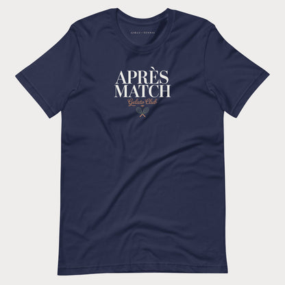 A navy blue short-sleeve women's tennis t-shirt with 'APRÈS MATCH Gelato Club' printed in white and gold on the chest, displayed flat against a light gray background.