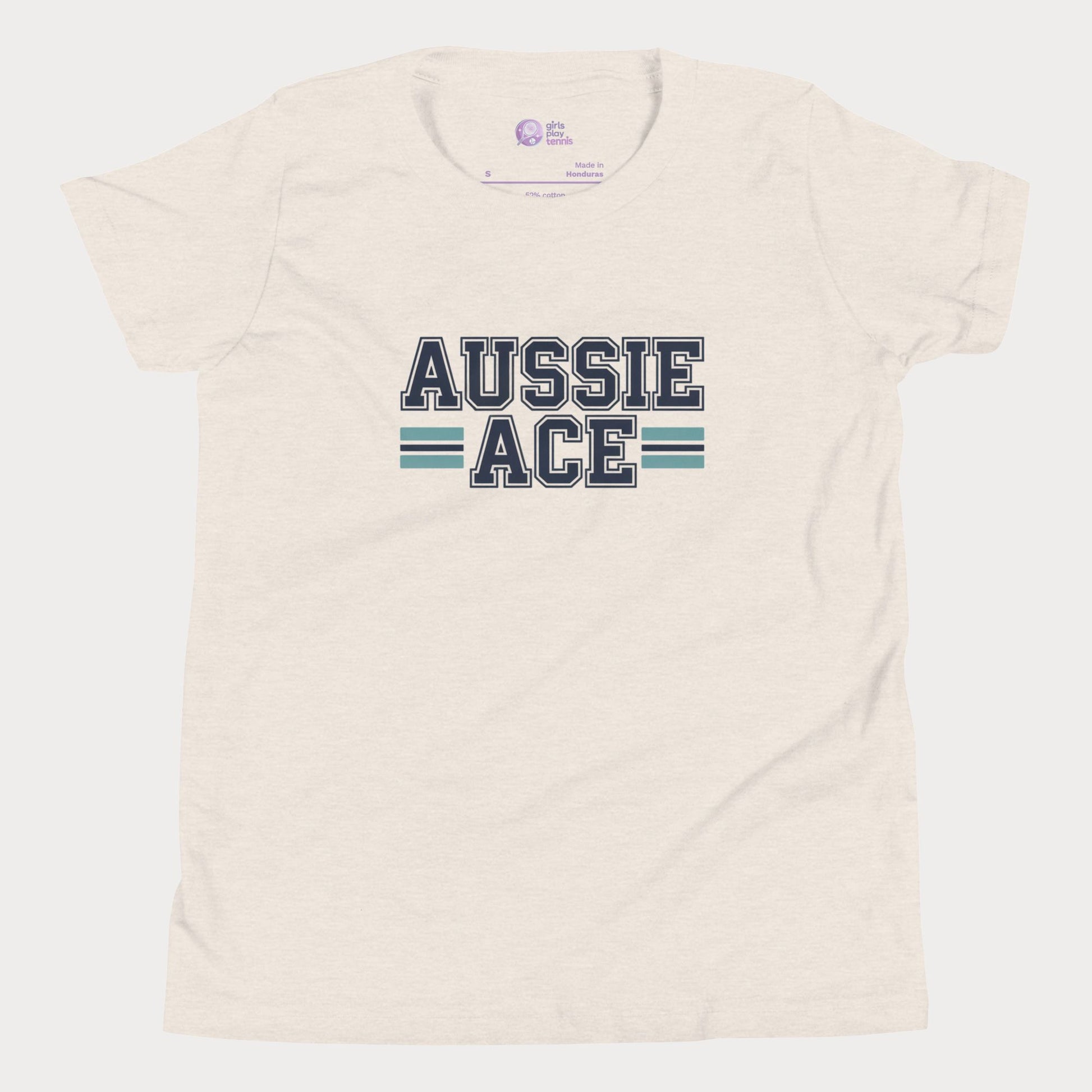 Aussie Ace tennis t-shirt with varsity lettering and teal stripes – premium tee for girls and adult supporters of women’s tennis