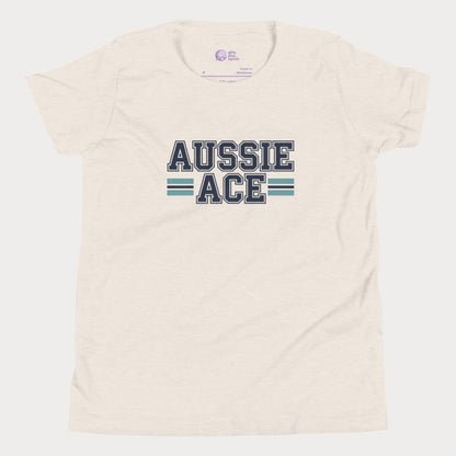 Aussie Ace tennis t-shirt with varsity lettering and teal stripes – premium tee for girls and adult supporters of women’s tennis