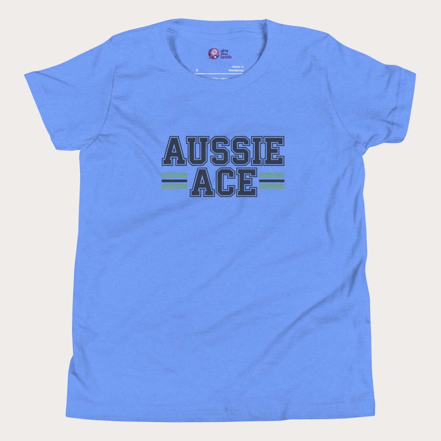 Aussie Ace tennis t-shirt with varsity lettering and teal stripes – premium tee for girls and adult supporters of women’s tennis.