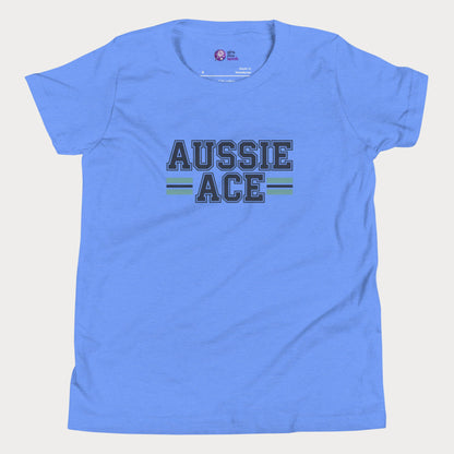 Aussie Ace tennis t-shirt with varsity lettering and teal stripes – premium tee for girls and adult supporters of women’s tennis.