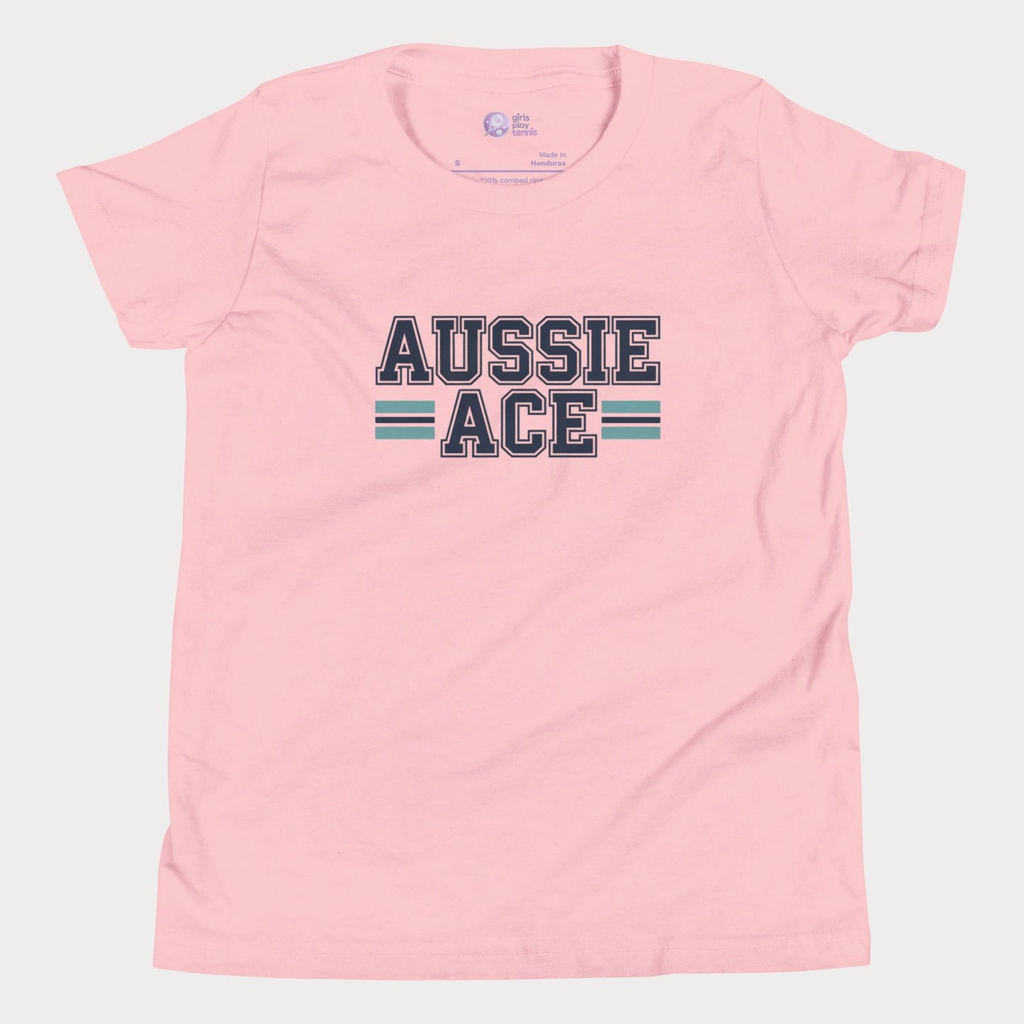 Aussie Ace tennis t-shirt with varsity lettering and teal stripes – premium tee for girls and adult supporters of women’s tennis