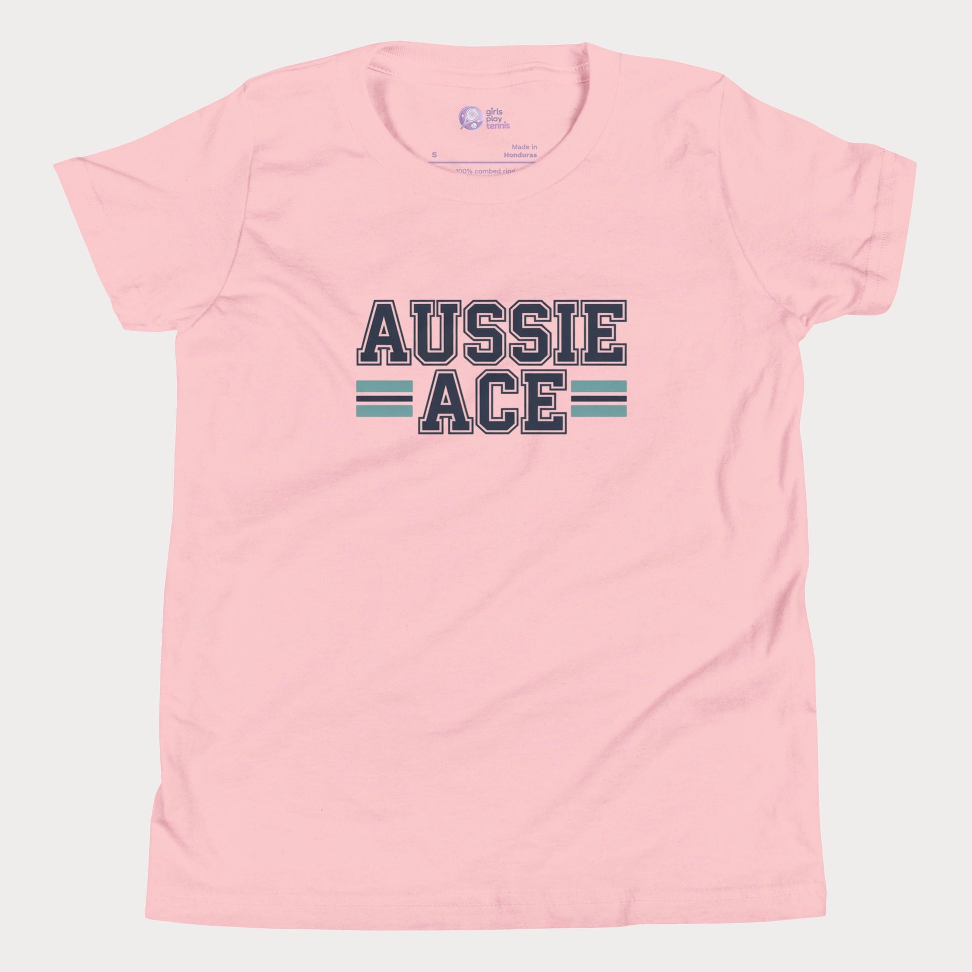 Aussie Ace tennis t-shirt with varsity lettering and teal stripes – premium tee for girls and adult supporters of women’s tennis