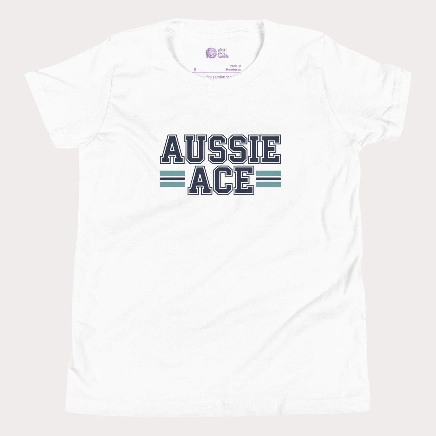 Aussie Ace tennis t-shirt with varsity lettering and teal stripes – premium tee for girls and adult supporters of women’s tennis