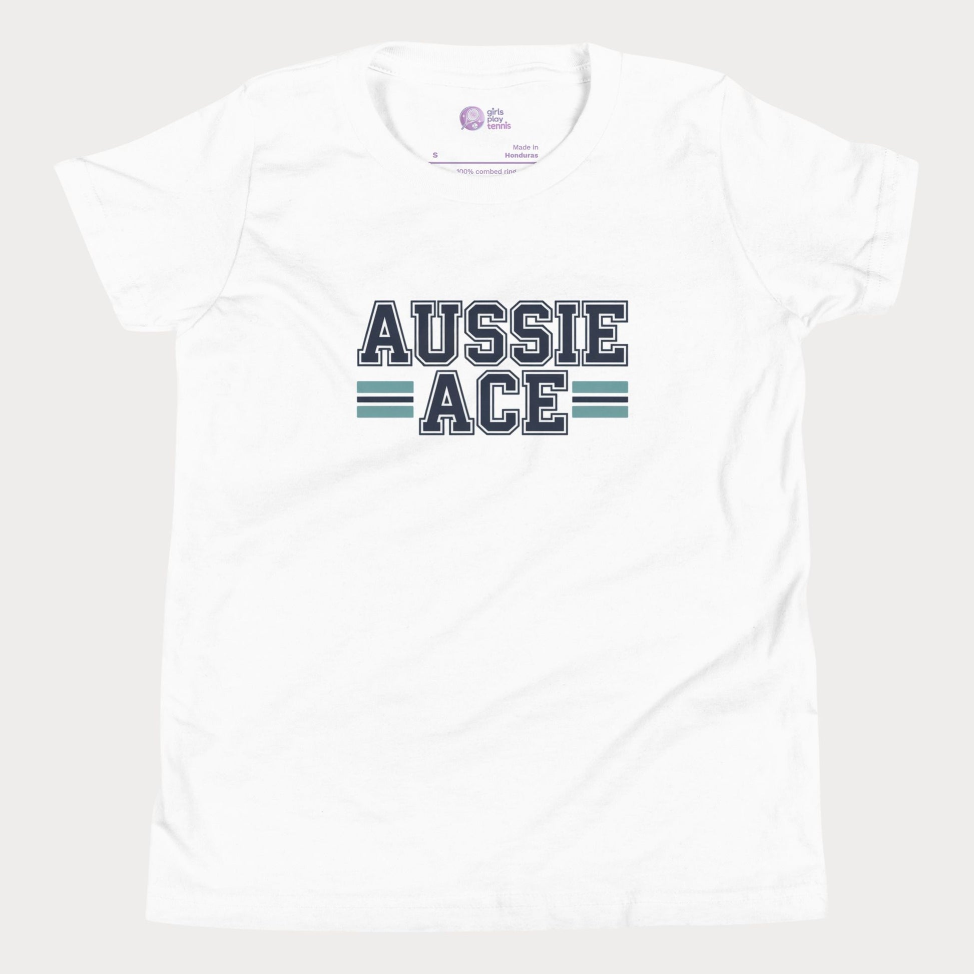 Aussie Ace tennis t-shirt with varsity lettering and teal stripes – premium tee for girls and adult supporters of women’s tennis