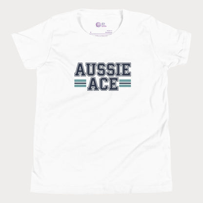 Aussie Ace tennis t-shirt with varsity lettering and teal stripes – premium tee for girls and adult supporters of women’s tennis