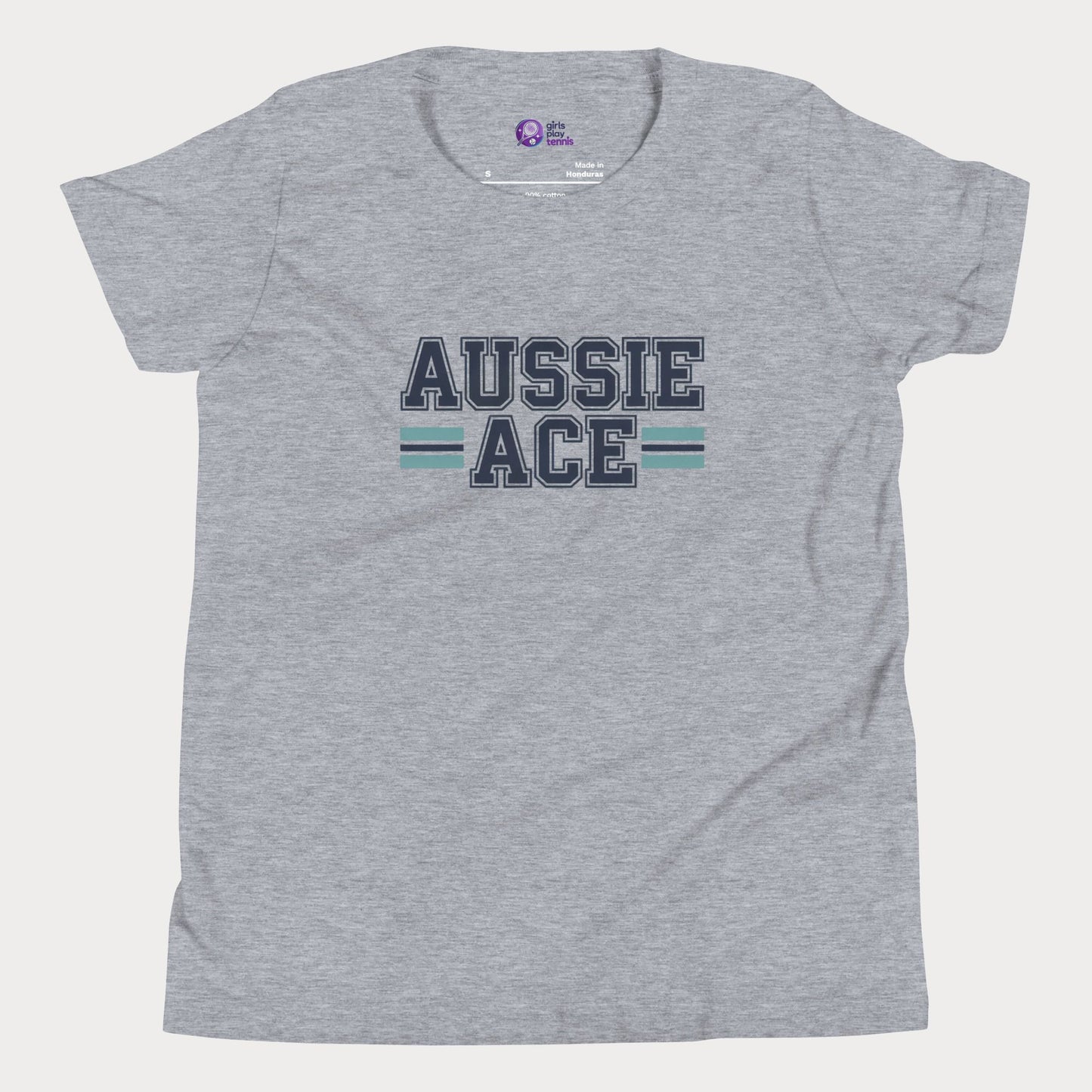 Aussie Ace tennis t-shirt with varsity lettering and teal stripes – premium tee for girls and adult supporters of women’s tennis.
