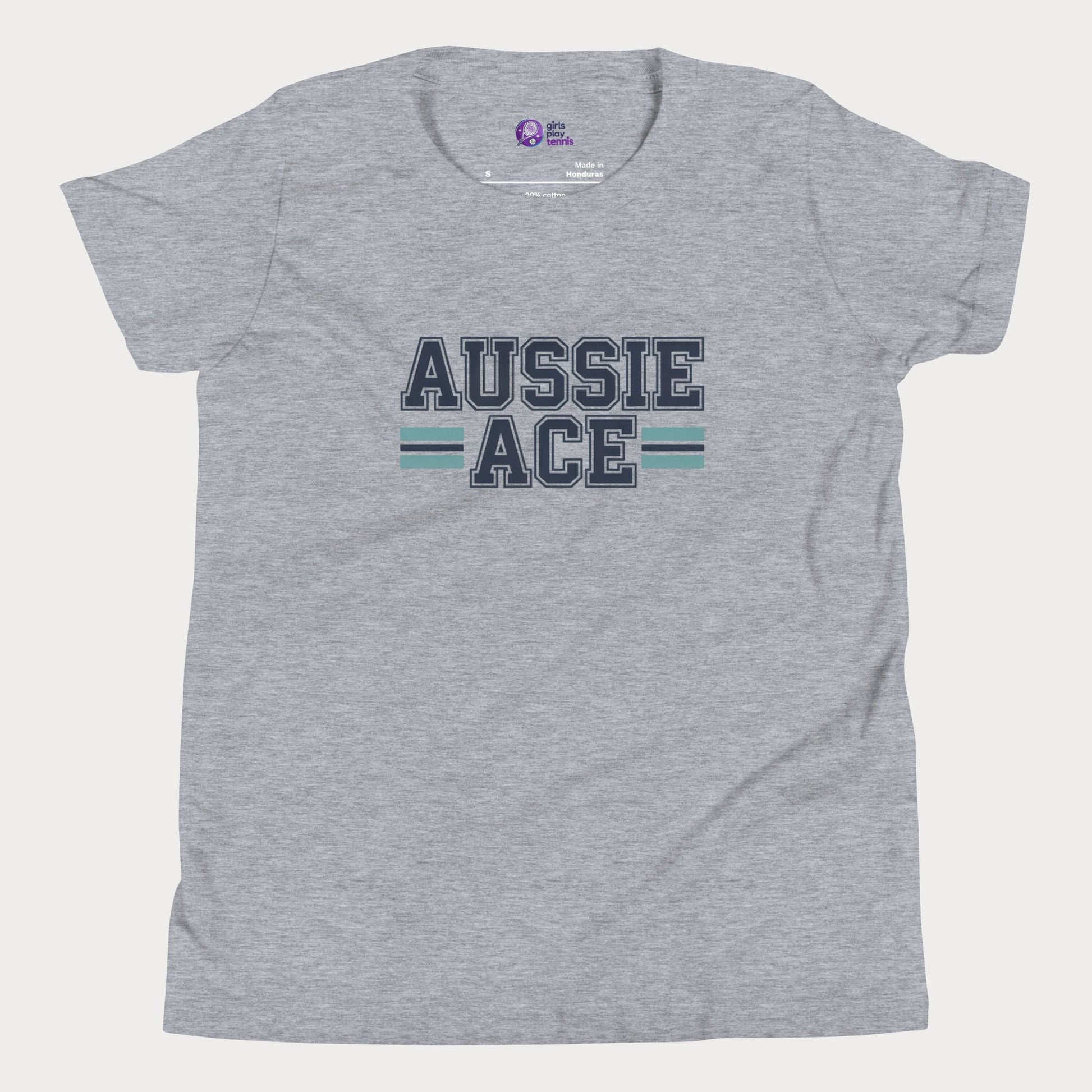Aussie Ace tennis t-shirt with varsity lettering and teal stripes – premium tee for girls and adult supporters of women’s tennis.