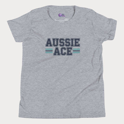 Aussie Ace tennis t-shirt with varsity lettering and teal stripes – premium tee for girls and adult supporters of women’s tennis.