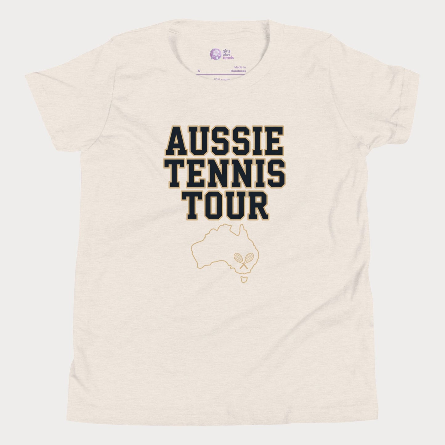 Aussie Tennis Tour t-shirt with Australia outline and tennis graphic for players and fans.