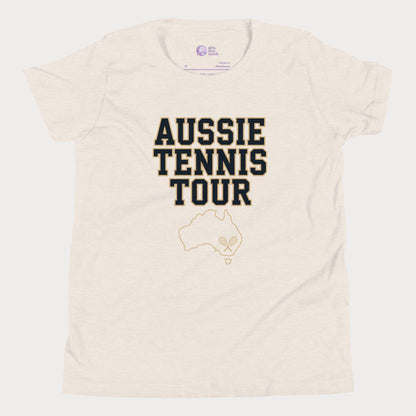 Aussie Tennis Tour t-shirt with Australia outline and tennis graphic for players and fans.