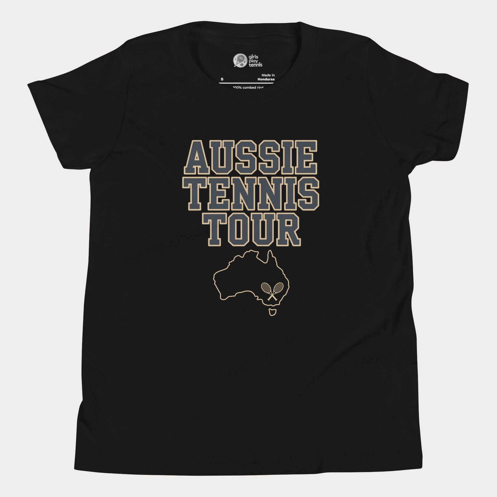 Aussie Tennis Tour t-shirt with Australia outline and tennis graphic for players and fans.