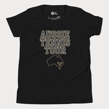 Aussie Tennis Tour t-shirt with Australia outline and tennis graphic for players and fans.