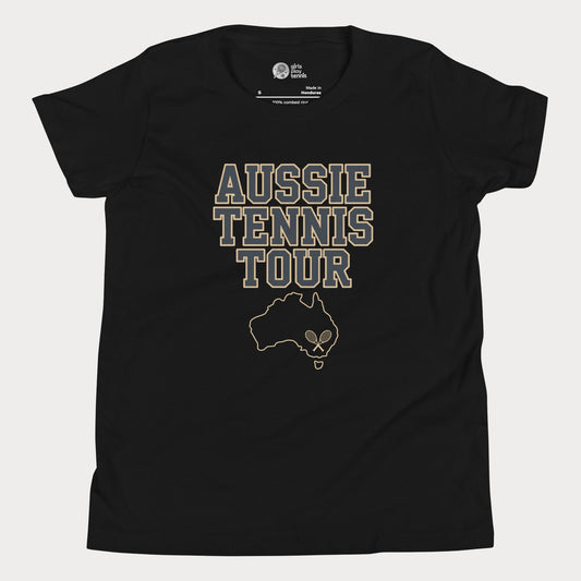 Aussie Tennis Tour t-shirt with Australia outline and tennis graphic for players and fans.
