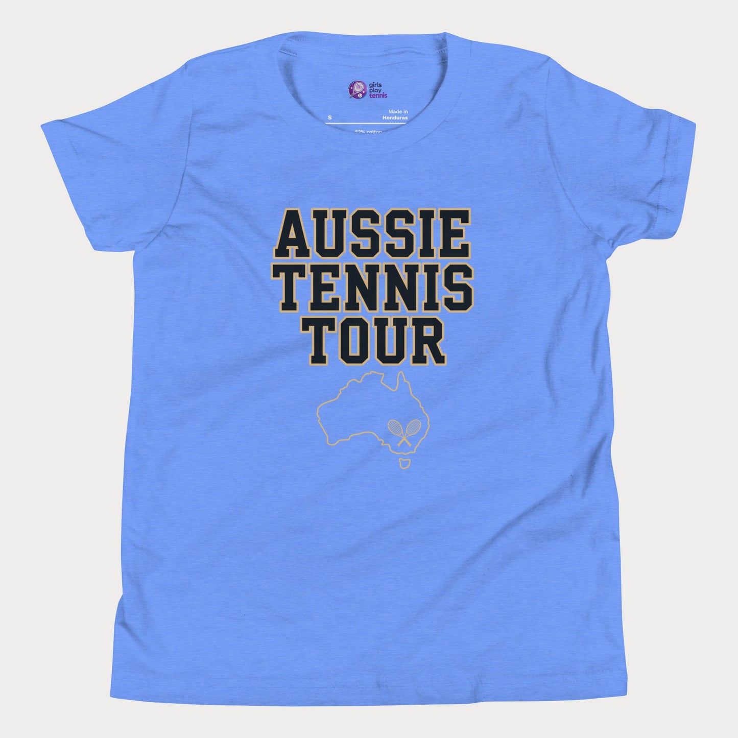 Aussie Tennis Tour t-shirt with Australia outline and tennis graphic for players and fans.