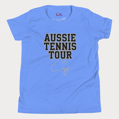 Aussie Tennis Tour t-shirt with Australia outline and tennis graphic for players and fans.