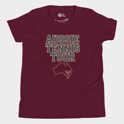 Aussie Tennis Tour t-shirt with Australia outline and tennis graphic for players and fans.