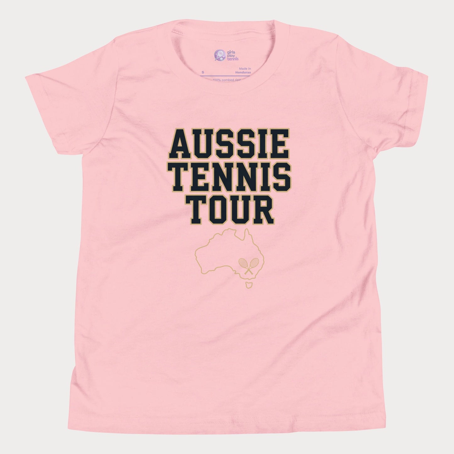 Aussie Tennis Tour t-shirt with Australia outline and tennis graphic for players and fans.