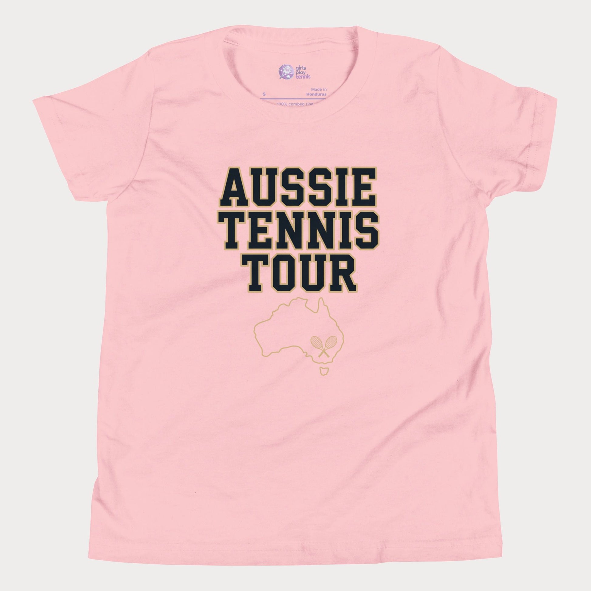 Aussie Tennis Tour t-shirt with Australia outline and tennis graphic for players and fans.