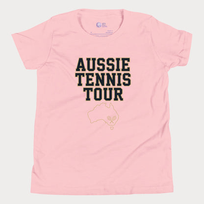 Aussie Tennis Tour t-shirt with Australia outline and tennis graphic for players and fans.
