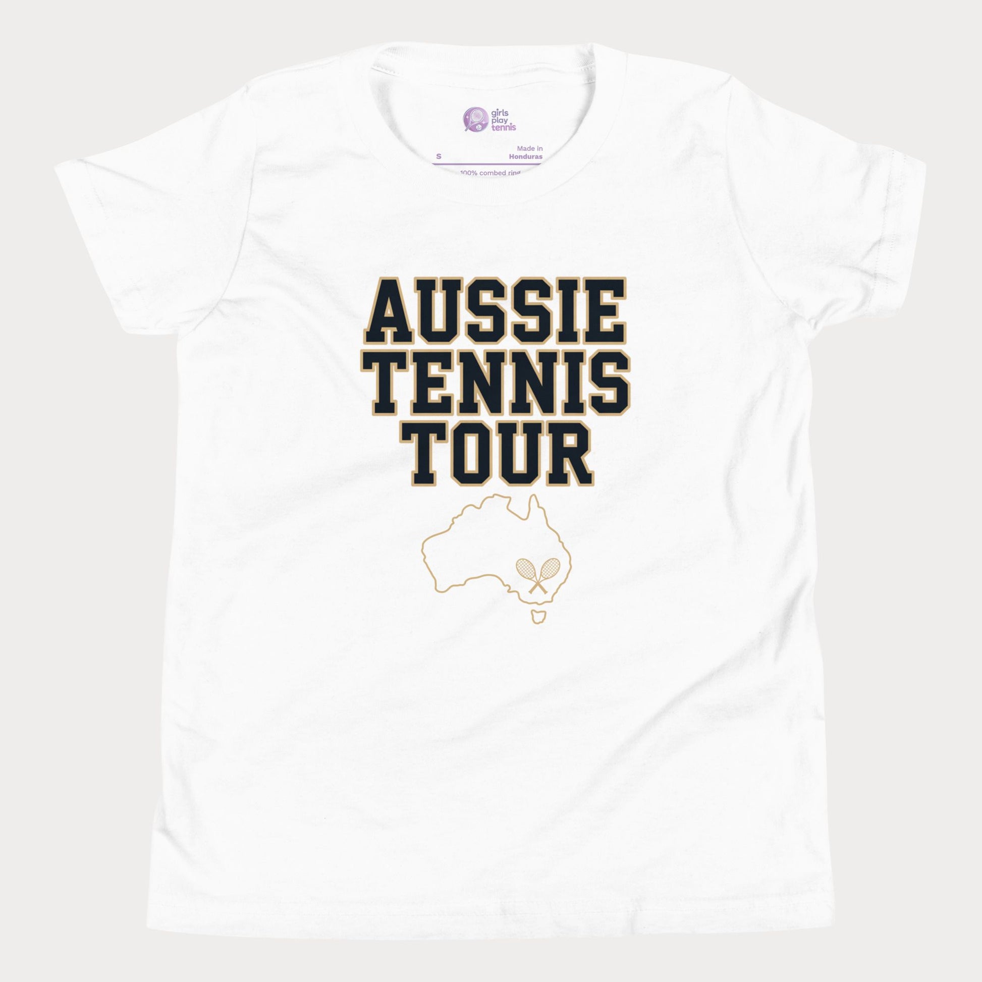 Aussie Tennis Tour t-shirt with Australia outline and tennis graphic for players and fans