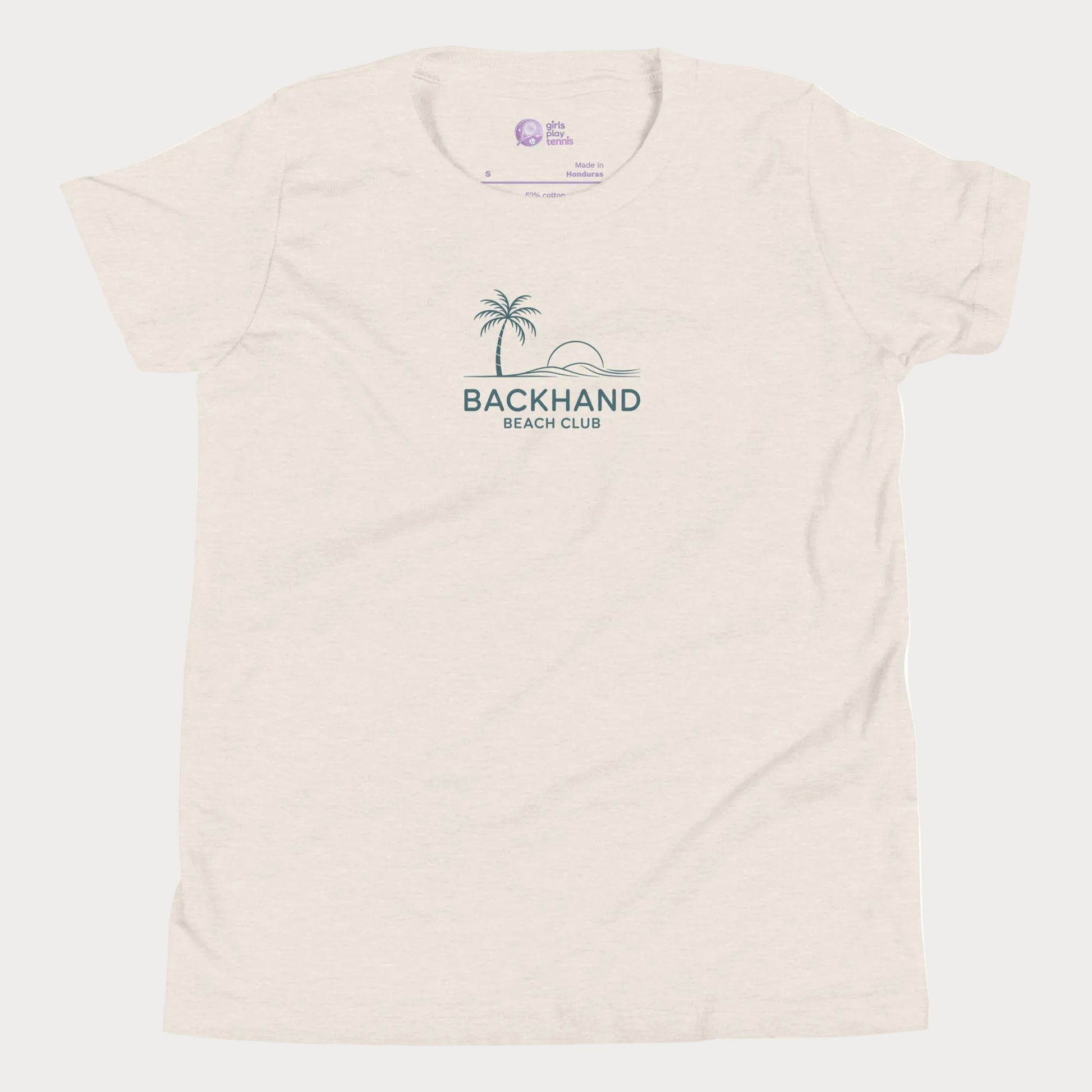 Minimalist Backhand Beach Club tennis t-shirt with palm and sun graphic for adults and youth.