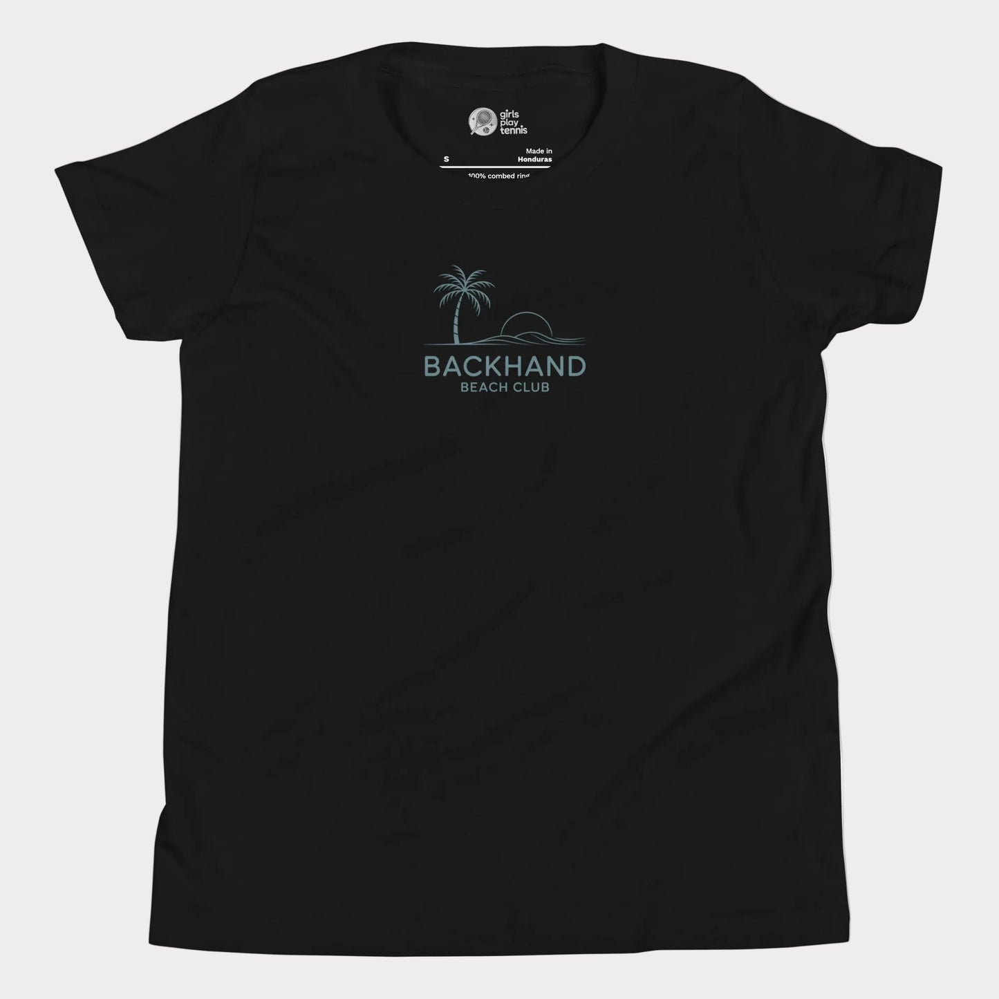 Minimalist Backhand Beach Club tennis t-shirt with palm and sun graphic for adults and youth.