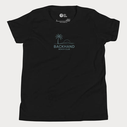 Minimalist Backhand Beach Club tennis t-shirt with palm and sun graphic for adults and youth.
