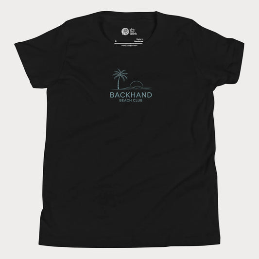 Minimalist Backhand Beach Club tennis t-shirt with palm and sun graphic for adults and youth.