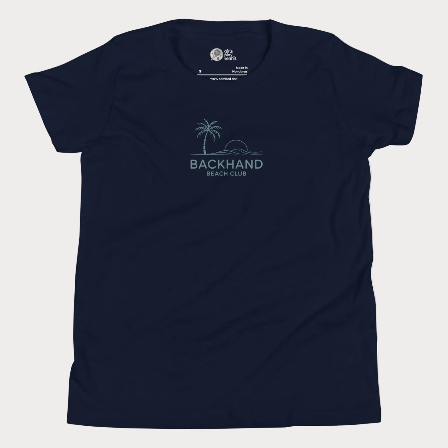 Minimalist Backhand Beach Club tennis t-shirt with palm and sun graphic for adults and youth.