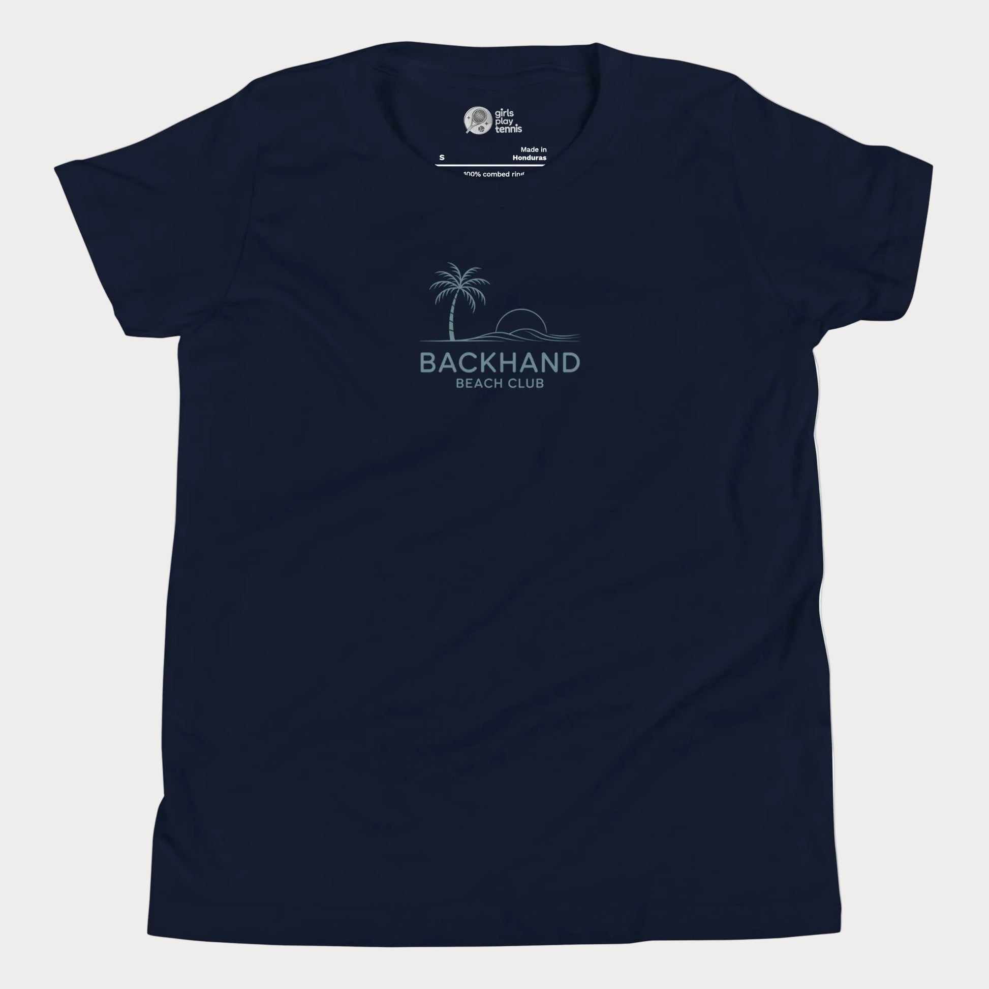 Minimalist Backhand Beach Club tennis t-shirt with palm and sun graphic for adults and youth.