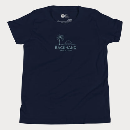 Minimalist Backhand Beach Club tennis t-shirt with palm and sun graphic for adults and youth.