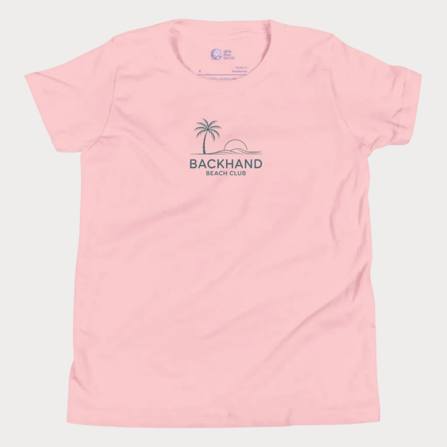 Minimalist Backhand Beach Club tennis t-shirt with palm and sun graphic for adults and youth.