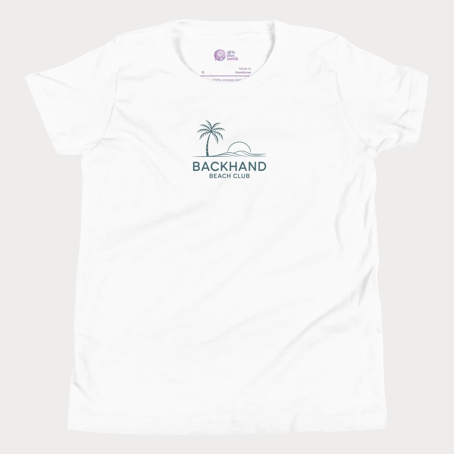 Minimalist Backhand Beach Club tennis t-shirt with palm and sun graphic for adults and youth.