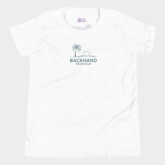 Minimalist Backhand Beach Club tennis t-shirt with palm and sun graphic for adults and youth.