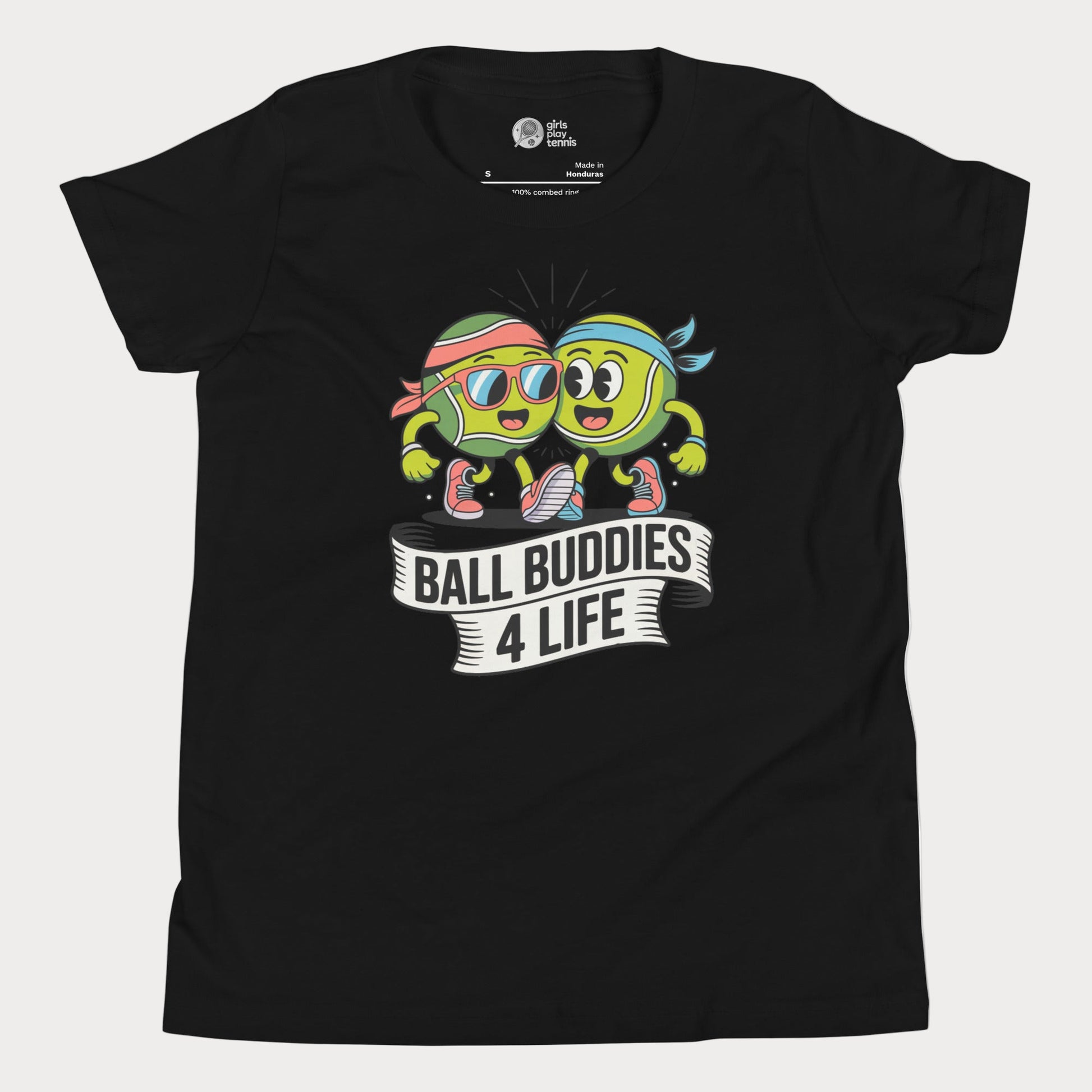 Two cartoon tennis balls in sneakers with banner reading “Ball Buddies 4 Life” on a black kids tennis t-shirt.