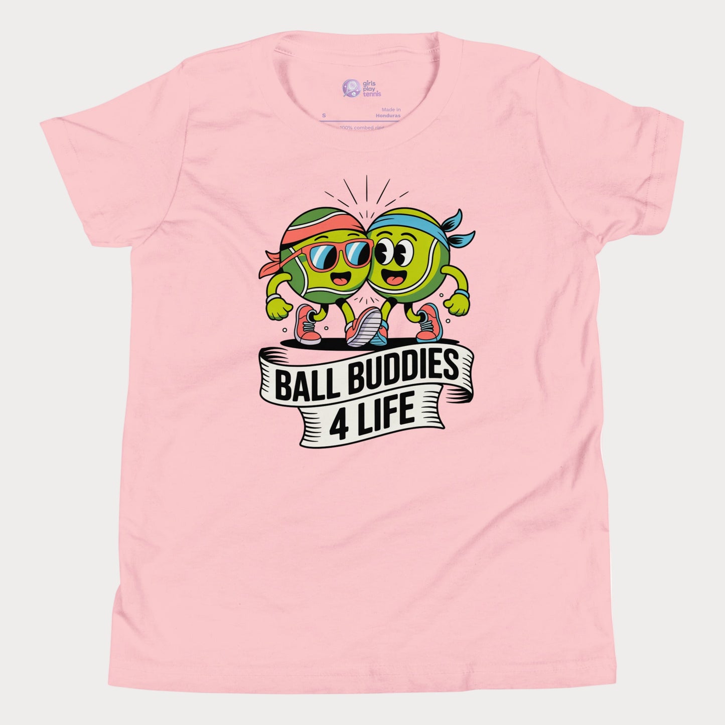 Two cartoon tennis balls in sneakers with banner reading “Ball Buddies 4 Life” on a pink kids tennis t-shirt.