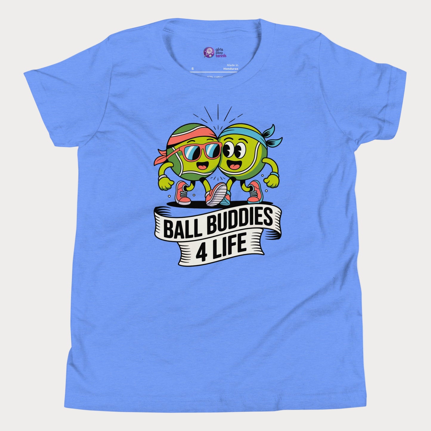Two cartoon tennis balls in sneakers with banner reading “Ball Buddies 4 Life” on a blue kids tennis t-shirt.