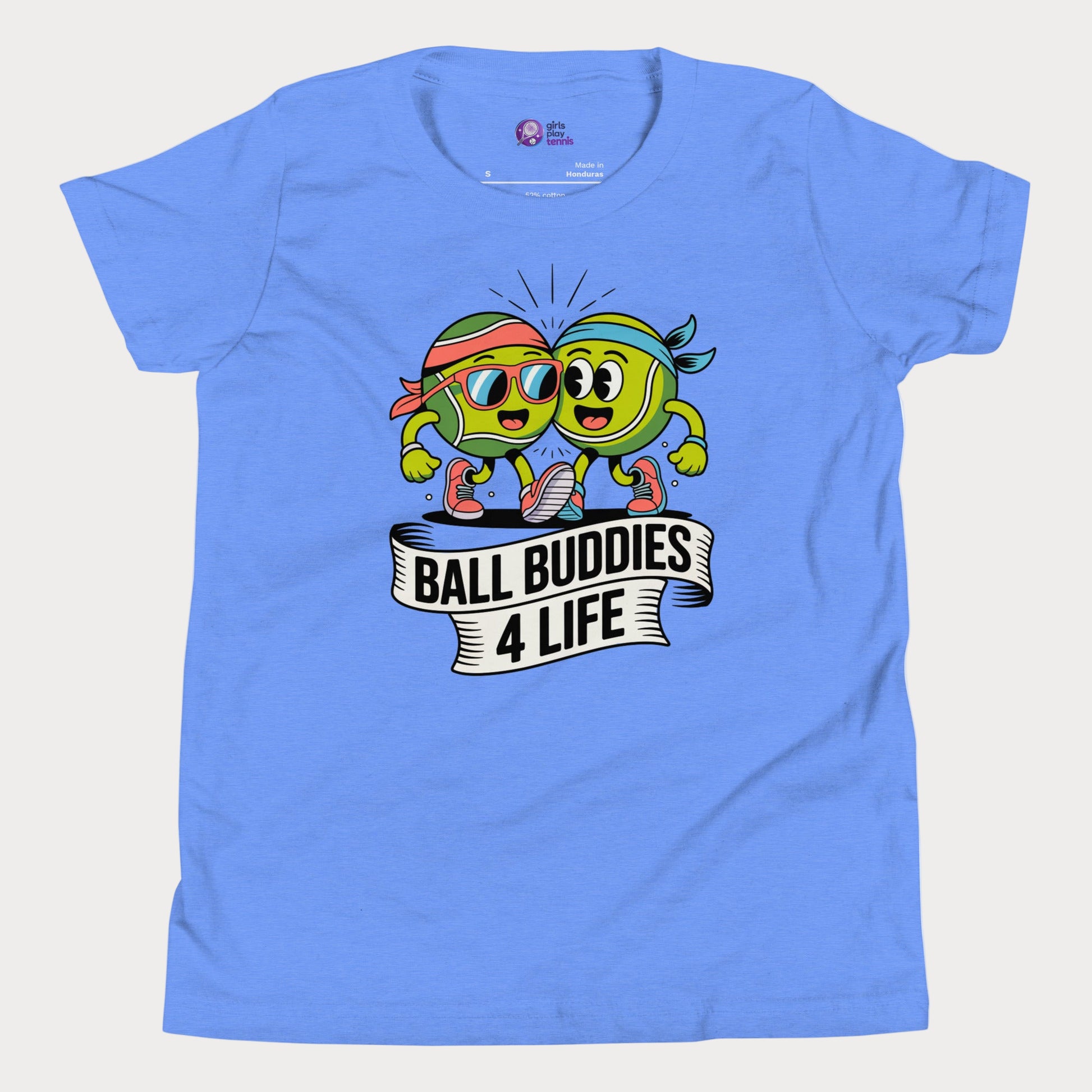 Two cartoon tennis balls in sneakers with banner reading “Ball Buddies 4 Life” on a blue kids tennis t-shirt.
