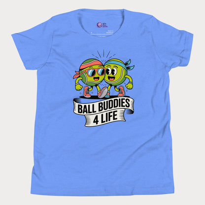 Two cartoon tennis balls in sneakers with banner reading “Ball Buddies 4 Life” on a blue kids tennis t-shirt.