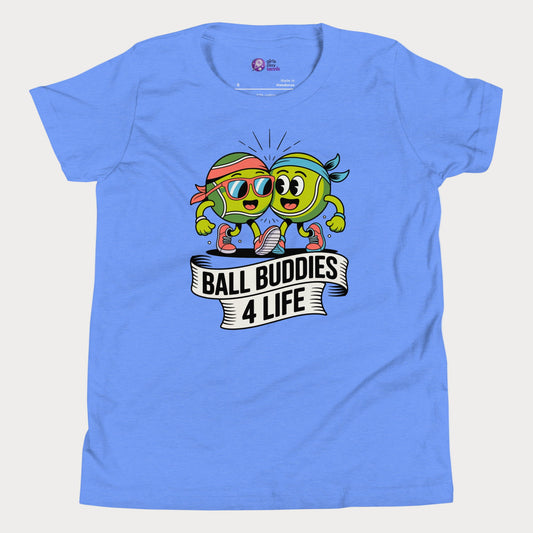 Two cartoon tennis balls in sneakers with banner reading “Ball Buddies 4 Life” on a blue kids tennis t-shirt.