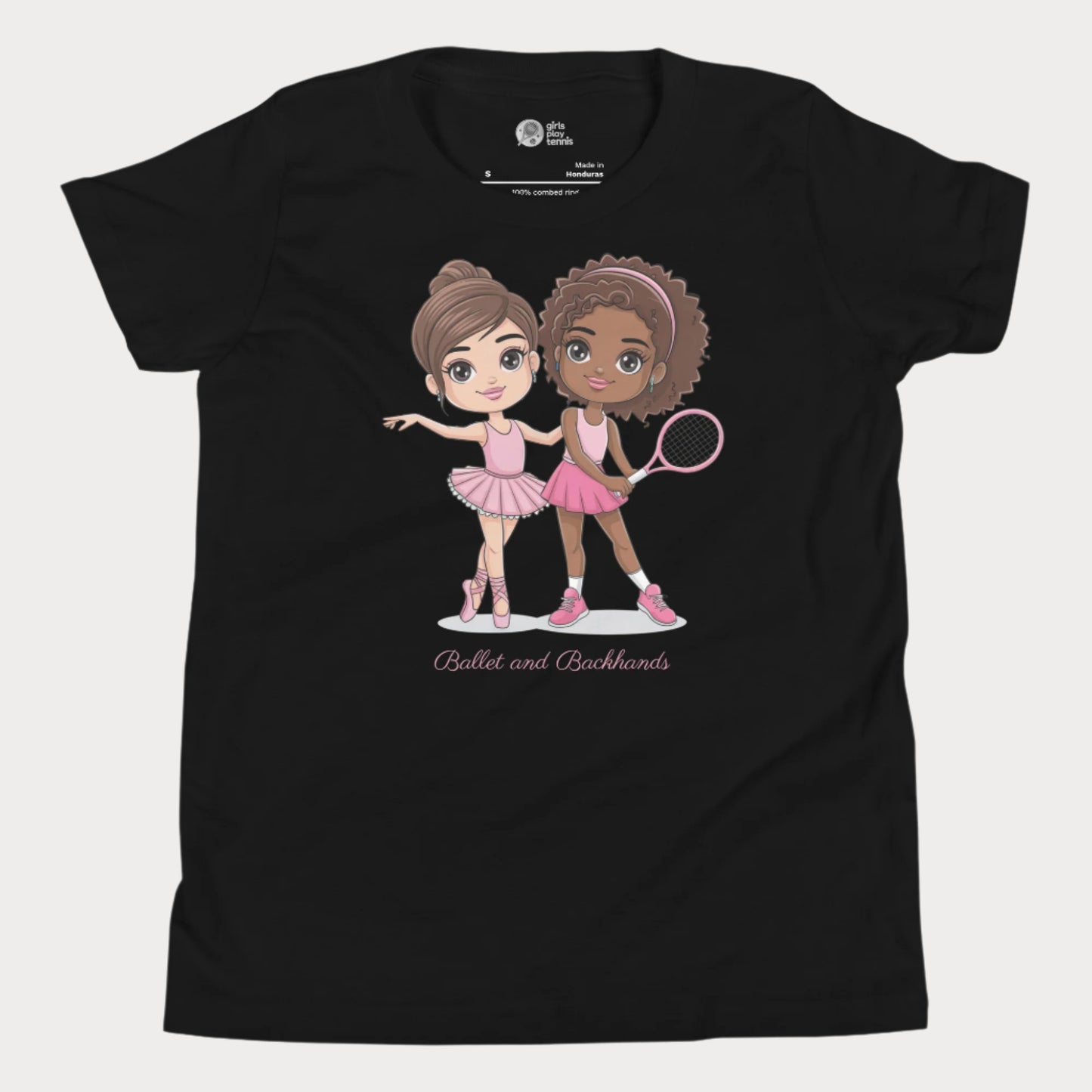 Adorable black girls t-shirt featuring a "Ballet and Backhands" design with two cute cartoon girls—one in a pink ballet tutu and the other in a tennis outfit holding a racket. This girls' tennis and ballet shirt celebrates the balance of grace and power, perfect for little athletes who love both dance and sports. 