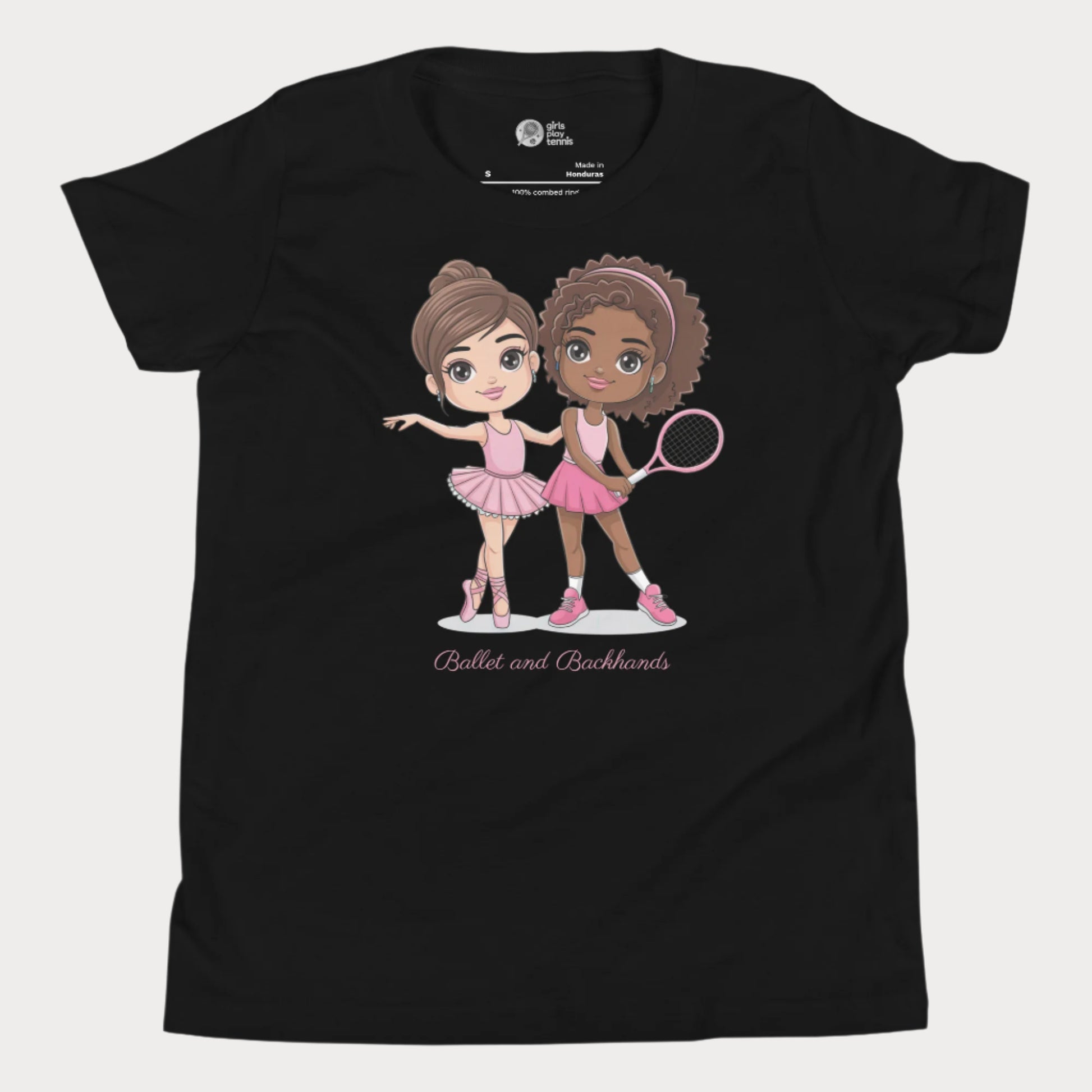 Adorable black girls t-shirt featuring a "Ballet and Backhands" design with two cute cartoon girls—one in a pink ballet tutu and the other in a tennis outfit holding a racket. This girls' tennis and ballet shirt celebrates the balance of grace and power, perfect for little athletes who love both dance and sports. 