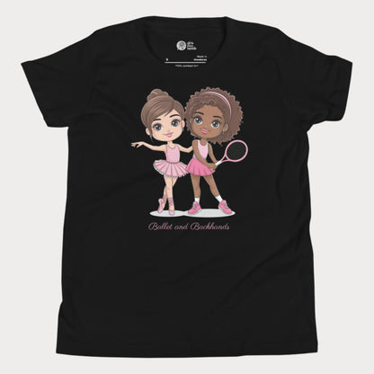 Adorable black girls t-shirt featuring a "Ballet and Backhands" design with two cute cartoon girls—one in a pink ballet tutu and the other in a tennis outfit holding a racket. This girls' tennis and ballet shirt celebrates the balance of grace and power, perfect for little athletes who love both dance and sports. 