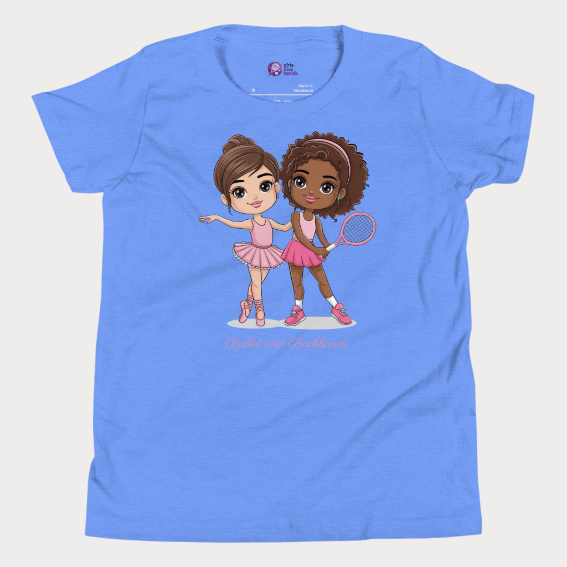 Adorable blue girls t-shirt featuring a "Ballet and Backhands" design with two cute cartoon girls—one in a pink ballet tutu and the other in a tennis outfit holding a racket. This girls' tennis and ballet shirt celebrates the balance of grace and power, perfect for little athletes who love both dance and sports. 