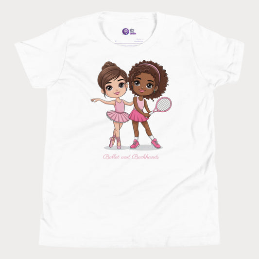Adorable white girls t-shirt featuring a "Ballet and Backhands" design with two cute cartoon girls—one in a pink ballet tutu and the other in a tennis outfit holding a racket. This girls' tennis and ballet shirt celebrates the balance of grace and power, perfect for little athletes who love both dance and sports. 