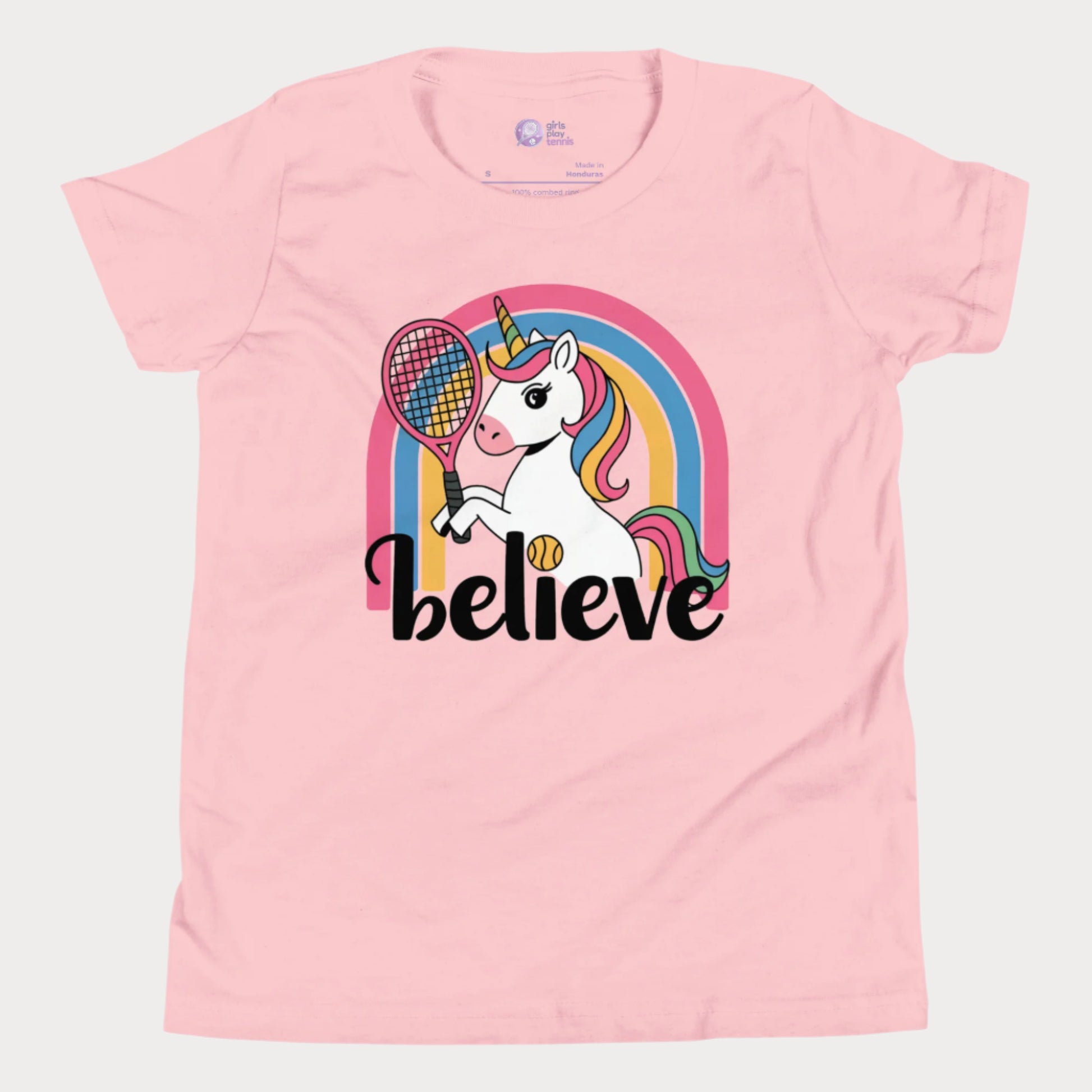 Unicorn holding a tennis racket against a rainbow and a "Believe" slogan underneath. 