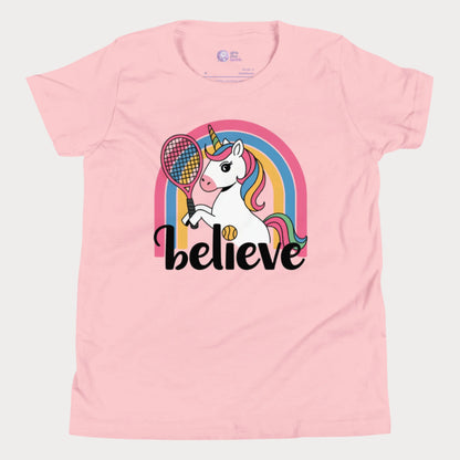 Unicorn holding a tennis racket against a rainbow and a "Believe" slogan underneath. 