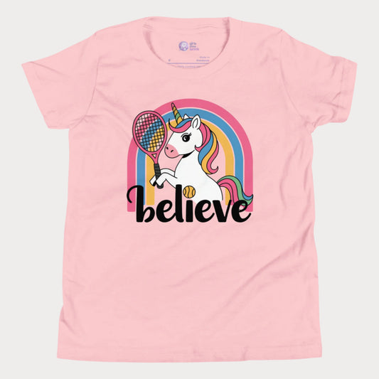 Unicorn holding a tennis racket against a rainbow and a "Believe" slogan underneath. 