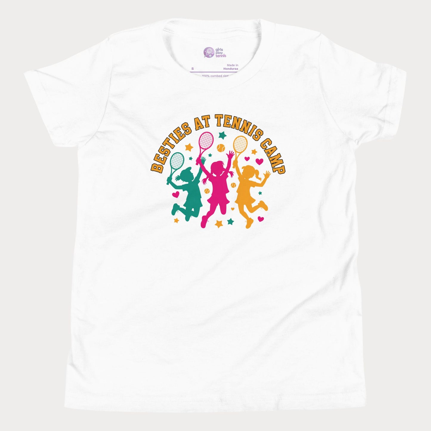 White Besties at Tennis Camp colorful tennis t-shirt for girls